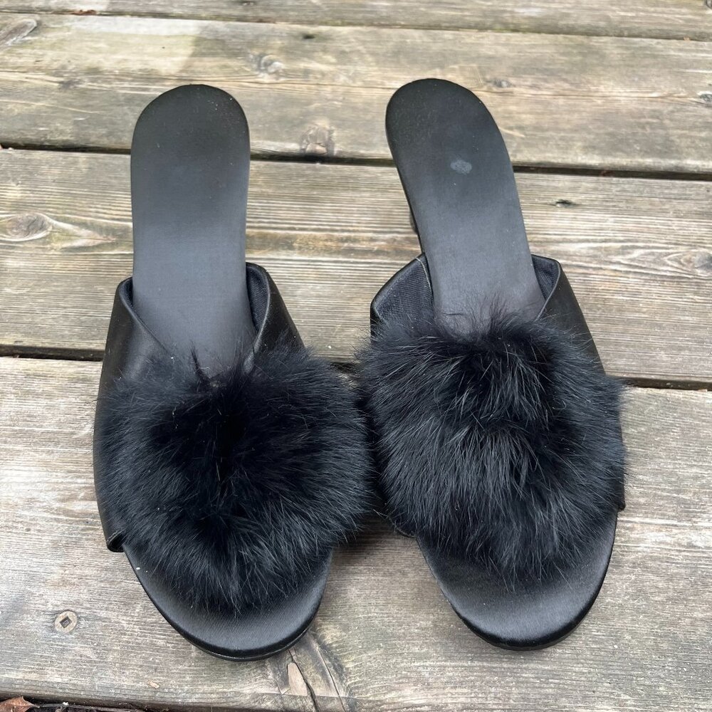 Vintage Real Fur Boudoir Heels Black Satin Slip-On Slippers Classic Glam